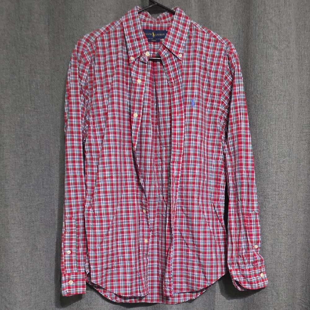 Men's Polo by Ralph Lauren Red, Green and White Plaid Button-Down Shirt